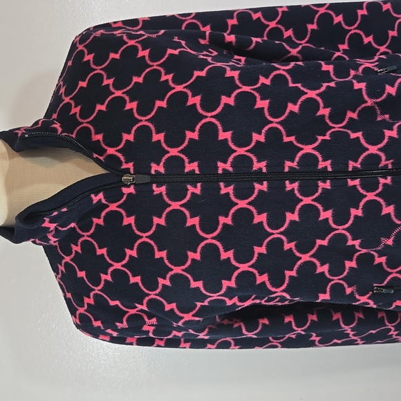 Talbots Navy & Pink Patterned Fleece Zip Up Jacket Large Pettite - Picture 2 of 11